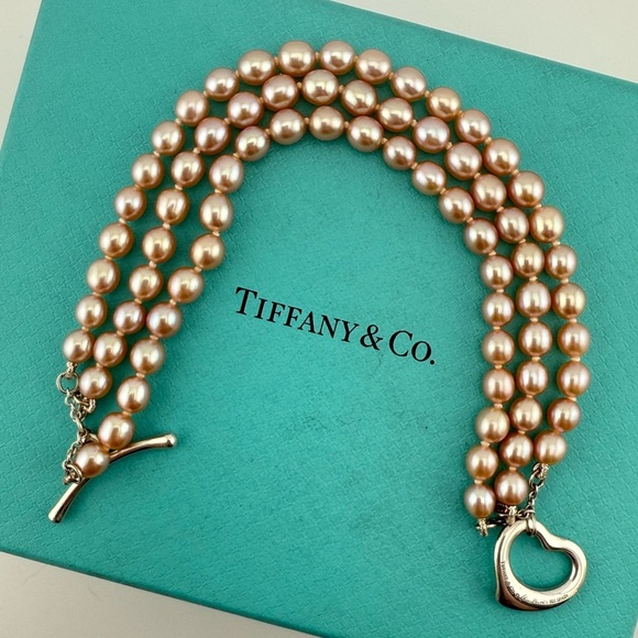 Tiffany & Co. Pink Pearl Open Heart Toggle Bracelet Sterling Silver Elsa Peretti - Picture 3 of 6